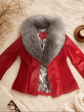 Red Lambskin Leather Jacket with Silver Fox  Collar